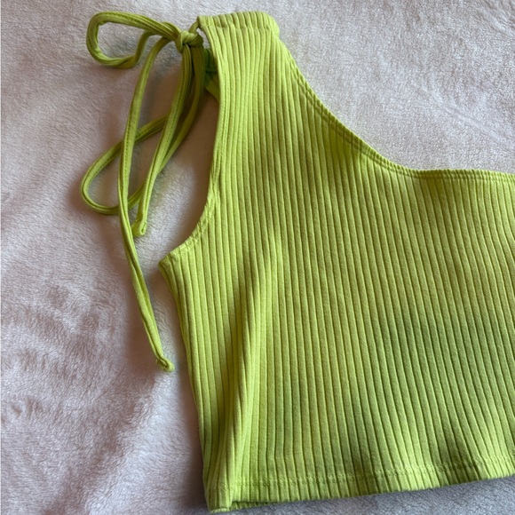 NWT Aerie Rebel Ribbed Tie One Shoulder Crop Top Women’s Medium Neon Green - Picture 2 of 5